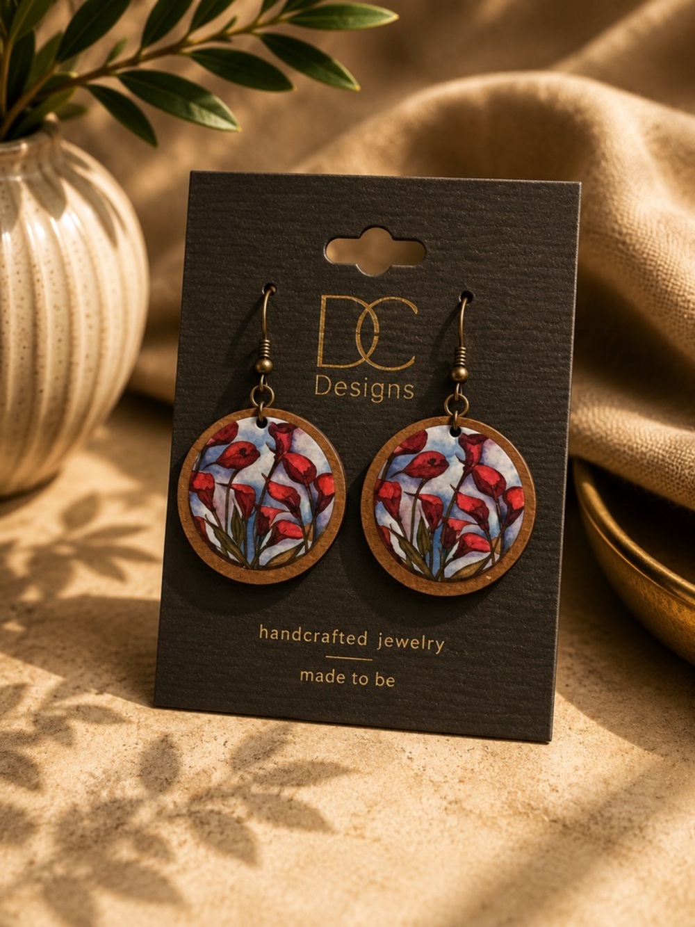 Red Floral Round Wood Drop Earrings